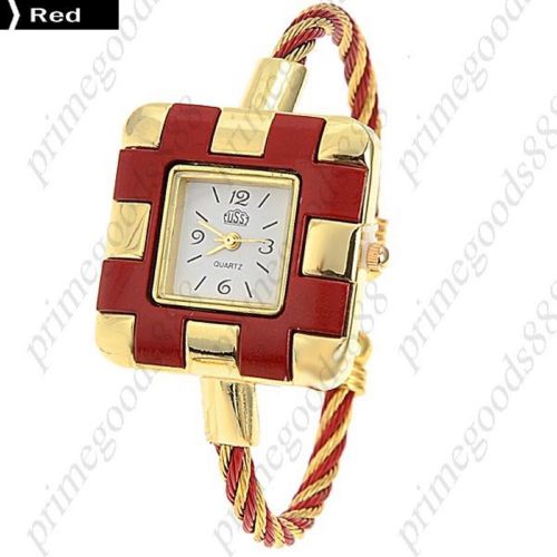 Square Hoop Bracelet Bangle Lady Ladies Analog Quartz Wristwatch Women&#039;s Red