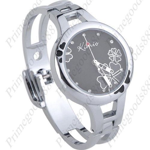Silver Flowers Heart Bracelet Black Wrist Lady Ladies Quartz Wristwatch Women&#039;s