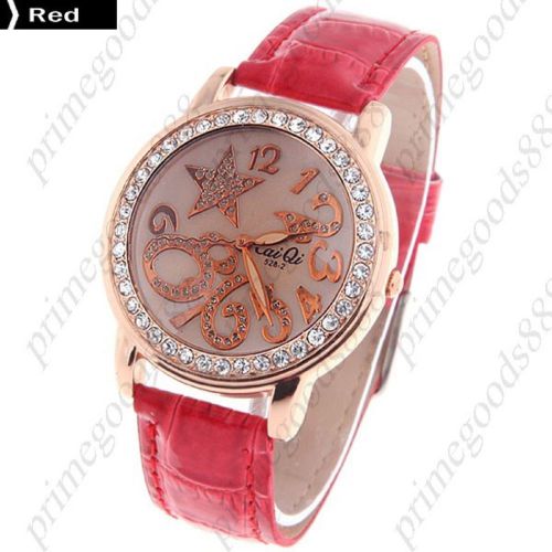 Round Star PU Leather Lady Ladies Wrist Quartz Wristwatch Women&#039;s Red
