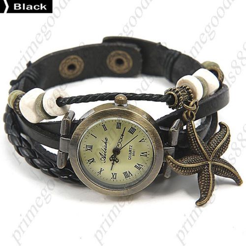 Starfish PU Leather Analog Quartz Wrist Lady Ladies Wristwatch Women&#039;s Black