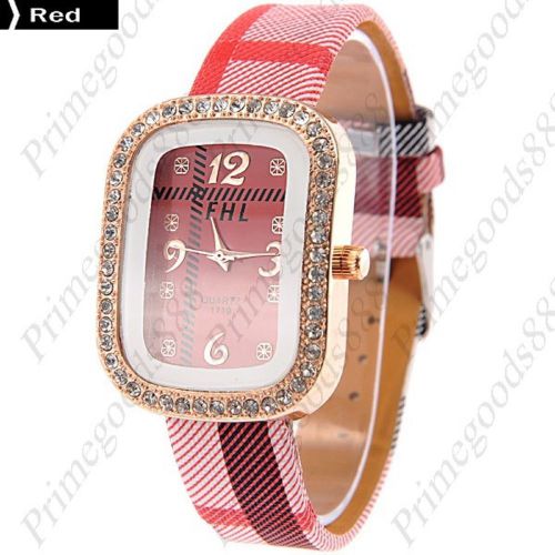 Checkered Rhinestones PU Leather Lady Ladies Quartz Wristwatch Women&#039;s Red