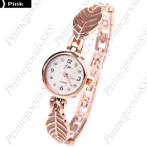 Leaf Bracelet Bangle Gold Golden Quartz Lady Ladies Wristwatch Women&#039;s Pink