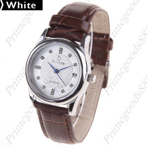 Round Silver Faux Leather Quartz Lady Ladies Wristwatch Women&#039;s Brown White