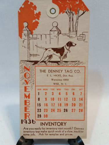 VINTAGE DENNEY TAG CO.NOVEMBER 1936 CALENDER MAILING TAG - FREE SHIPPING
