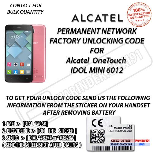ALCATEL Virgin Bell Canada OneTouch IDOL MINI 6012A Unlock Code Sim me Pin