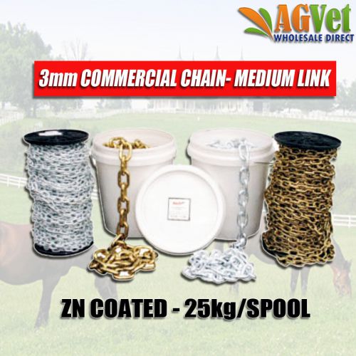 3MM COMMERCIAL CHAIN- MEDIUM LINK - ZN COATED - 25KG/SPOOL (3M-Z25)