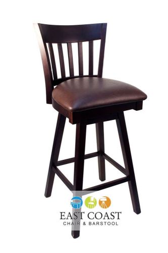 New Gladiator Walnut Vertical Back Wooden Swivel Bar Stool with Brown Vinyl Seat