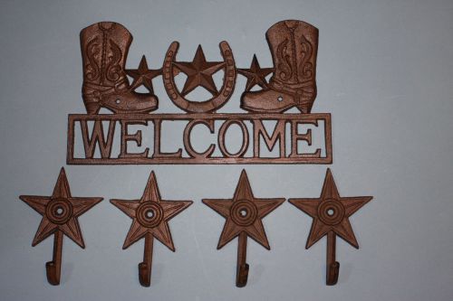 (1set) Large Cowboy Boot, Welcome Sign, 4 horsehead, wall hooks, cowboy decor