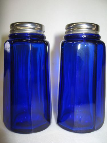 pair Cobalt Blue glass salt and pepper shakers set castor art deco panel pattern