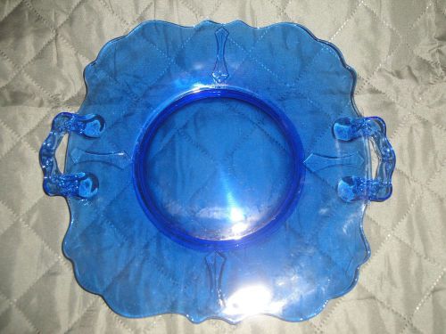 (1389) Cobalt Blue glass cake serving Plate Platter Dish with handles