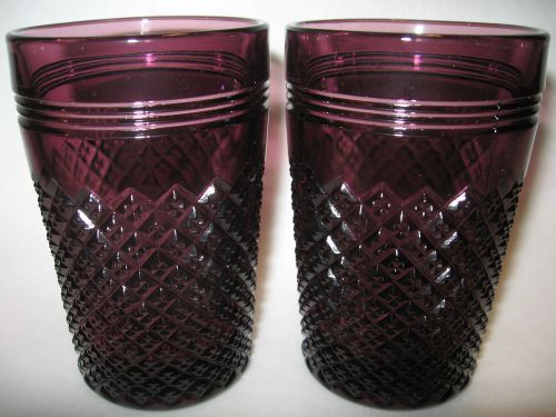 pair of Amethyst purple glass diamond pattern tumbler cup goblet 2 glasses black