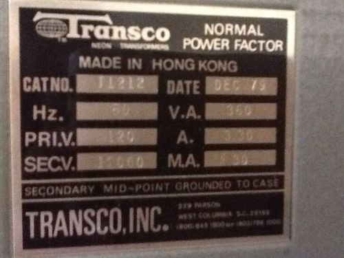 Transco T1212 Neon Transformer
