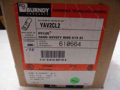 Burndy YAV2CL2 Copper Compression  Lug  AN 2  5/16&#034; Stud 2AWG New Lot of 175
