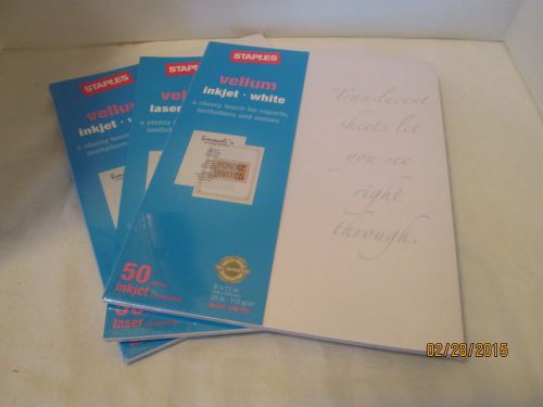 NIP (3 PACKS) Staples Translucent Vellum Inkjet White 50 Sheets 8&#034; X 11 &#034;