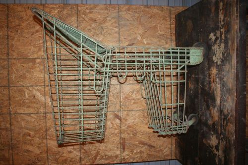 Vintage art deco green chippy paint shopping grocery cart basket 1920&#039;s decor for sale