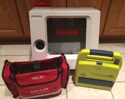 AED PACKAGE - CARDIAC SCIENCE AED WITH NEW BATTERY, PADS, CASE &amp; NEW CABINET