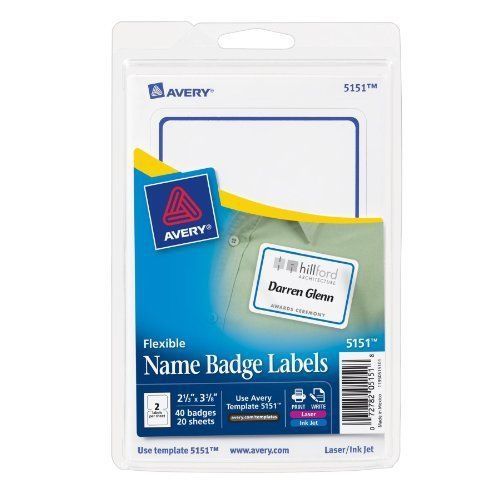 Avery Flexible Self-Adhesive Laser/Inkjet Name Badge Labels, BE, 40/Pk