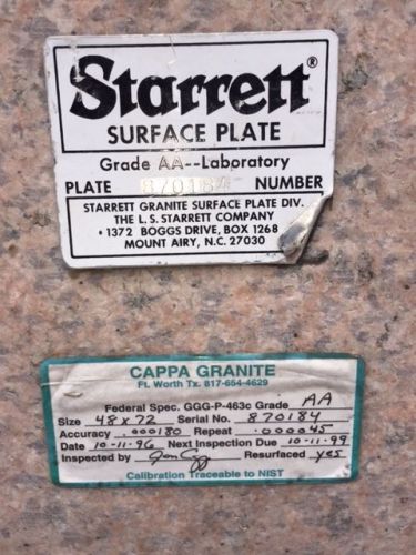 Starrett pink granite laboratory grade aa 48&#034;x72&#034;x12&#034; surface plate with cabinet for sale