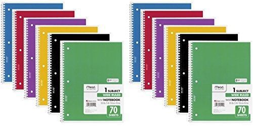 Mead Spiral Notebook, 1 Subject, 70 Wide Ruled Sheets, Assorted Colors, 12 Pack