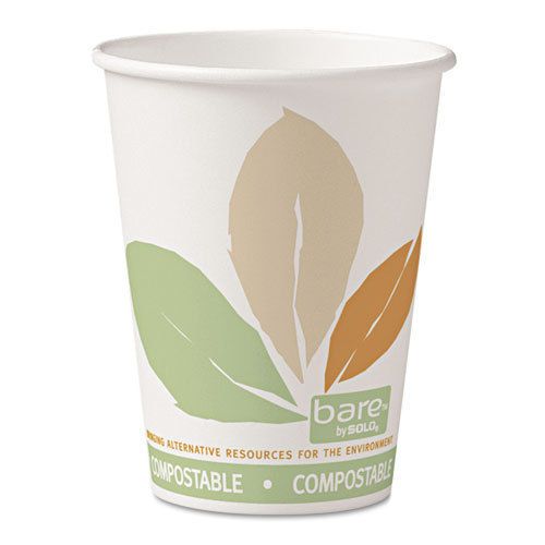 Bare PLA Paper Hot Cups, 12oz, White w/Leaf Design, 50/Bag, 20 Bags/Carton