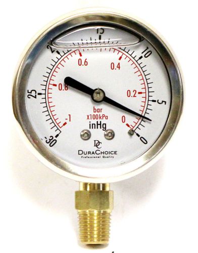 2-1/2&#034; glycerin filled vacuum pressure gauge -30hg -1bar/0 1/4&#034; lower for sale