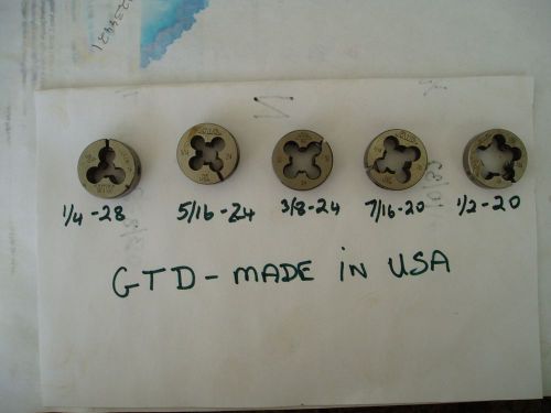 Set of threading dies. 1/4-28 to 1/2-20. GTD made in USA.