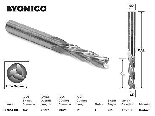 Yonico 32314-SC Down Cut 3 Flute CNC Router Bit, 7/32 x 1&#034;