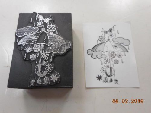 Letterpress Printing Block, Rain on Umbrella brings a Tumble of Flowers Type Cut