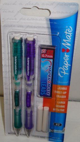 2 paper mate clear point 0.7mm mechanical pencils, purple/green barrels for sale