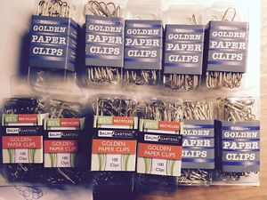 BAUMGARTEN GOLDEN PAPER CLIPS. JUMBO AND STANDARD SIZES. 13 PACKAGES