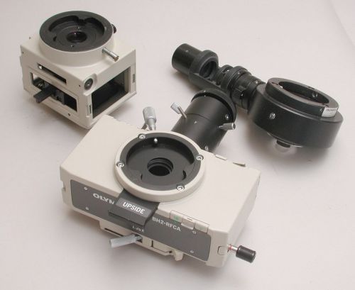 Lot of three Olympus Microscope EPI illuminator, parts, BH2-UMA, BH2-RFCA