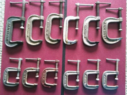 12 ASSORTED ADJUSTABLE 1&#034;,1.25&#034; &amp; 2&#034; C CLAMPS FOR WELDING ETC. MADE IN USA