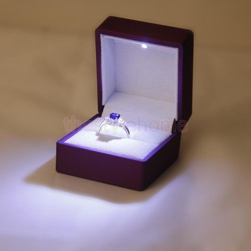 Purple Velvet Wedding Ring Earrings Storage Display Gift Box Case w LED Lamp