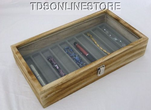 Rustic Antique Oak Color 10 Slot Glass Top Display Case Gray 2.75&#034; Deep