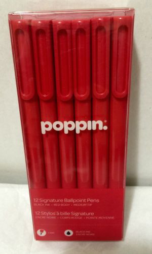 Poppin 12 Signature Ballpoint Pens, 1.0mm Medium Black Ink, Red Body, Brand New