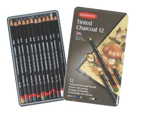 Derwent Tinted Charcoal Pencils, 4mm Core, Metal Tin, 12 Count 2301690 JAPAN