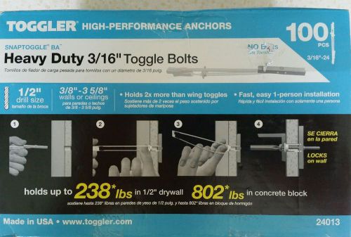 Toggler  SnapToggle BA  3/16&#034;  Heavy Duty Toggle Bolts  100pcs NO BOLTS