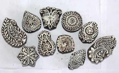 LOT OF 10 TRADITIONAL HANDCARVED WOODEN TEXTILE/FABRIC/TATTOO PRINT BLOCKS #007