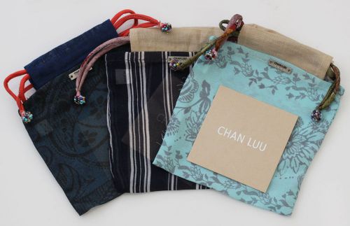 NEW! Auth. QTY 3 CHAN LUU Jewelry POUCH Beaded Drawstring Bags BLUE NAVY FLORAL