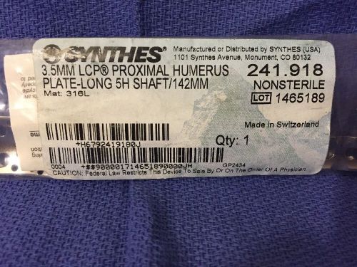 Synthes 3.5mm LCP Proximal Humerus Plate  241.918 5H Shaft 142mm Orthopedic