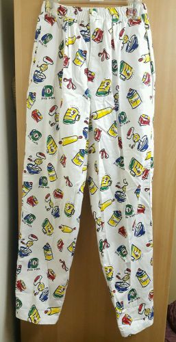 new CHEF REVIVAL white multicolor baking print chef pants bakery catering S