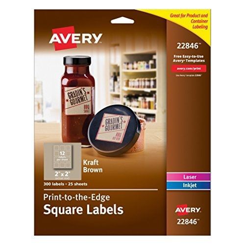 Avery Print-to-the-Edge Square Labels, Kraft Brown, 2 x 2 Inches, Pack of 300