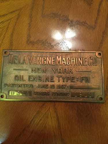 DeLa Vergne Machine Co Brass Engine Tag Plate