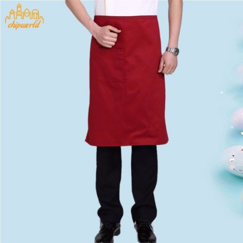 Dark Red Cooking Half Long Apron With Pocket Restaurant Bar Kitchen Waist Apron