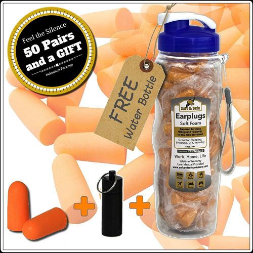 Hearing Protection Disposable Foam Earplugs Set (50 Pairs) + Free Water Bottle