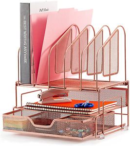 Beiz Rose Gold Office Accessories Desk Organizer with Storage Drawer, 2 Paper Tr