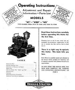 Briggs &amp; Stratton WI, WIBP, WR Engine Adjustments, Repair &amp; Parts List Manual