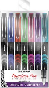 ZEBRA PEN Fountain Pen, Fine Point, 0.6mm, Assorted Colors, Non-Toxic Ink, 7-Cou