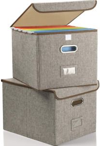 Collapsible File Box with Lid [2-Pack] Decorative Documents Storage Organizer wi