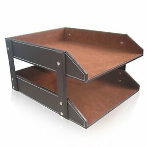 Letter Tray, Leather Paper Organizer Tray, Wooden Desk File 2 Tray Brown